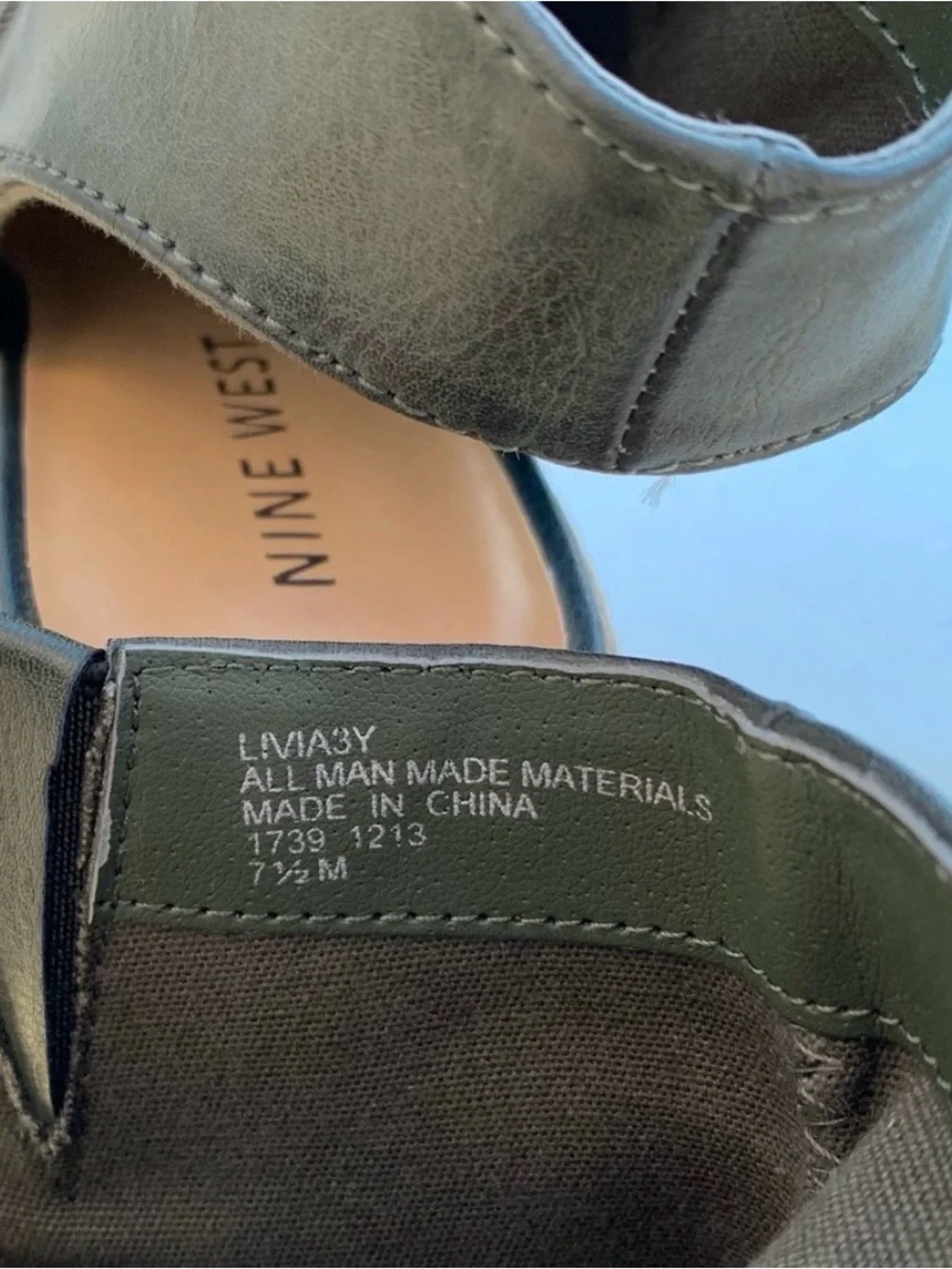 Nine West Livia 3Y Olive Green Sling Back High Heel Faux Leather Booties ~ 7.5